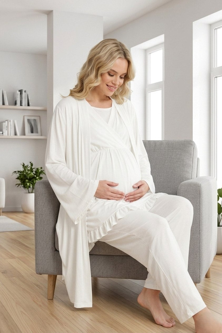 Yeni Sezon Ekru Özel Tasarım Yazlık %100 Pamuk Hamile Lohusa Sabahlıklı Pijama Takımı Seti 532