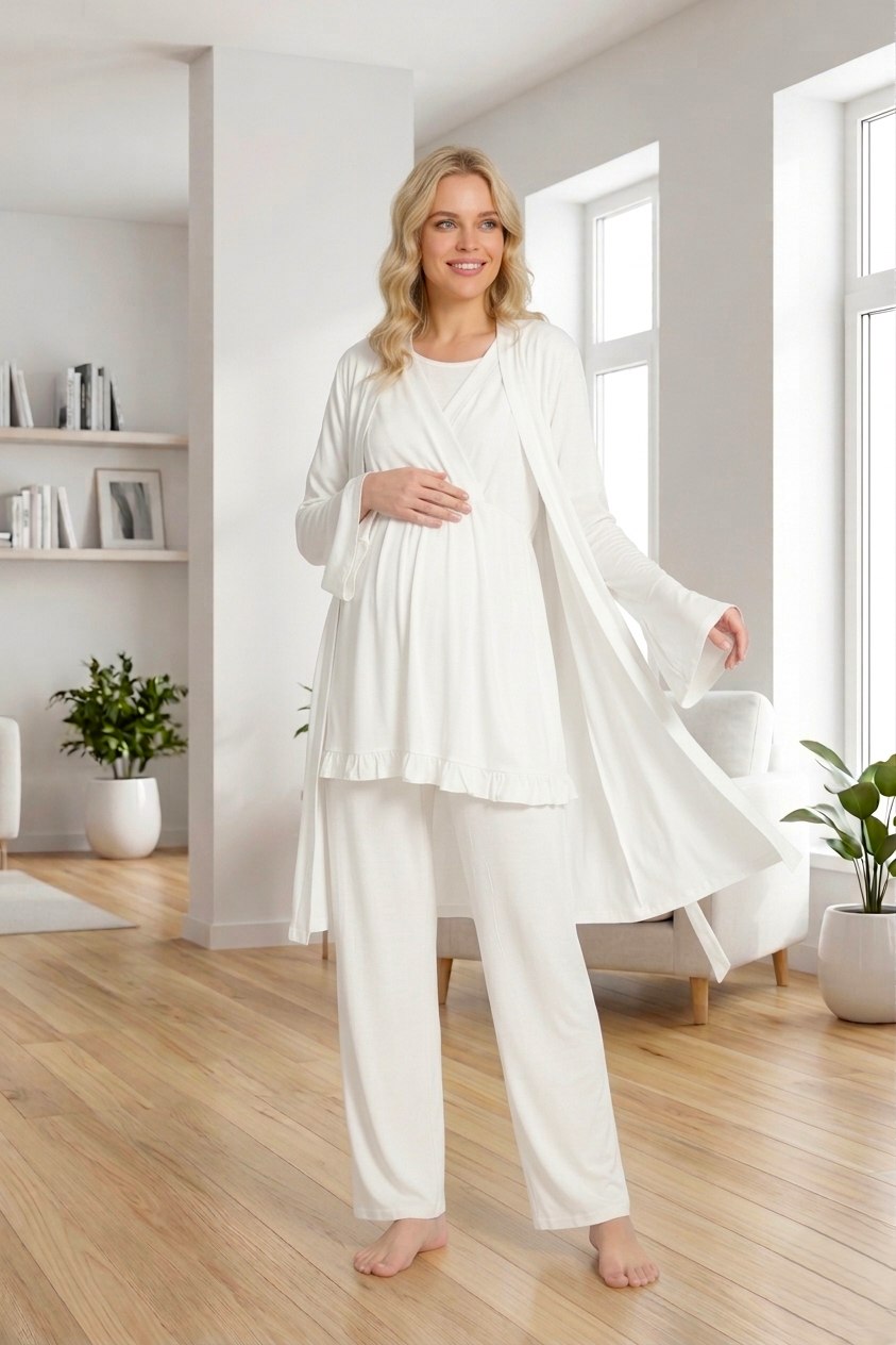 Yeni Sezon Ekru Özel Tasarım Yazlık %100 Pamuk Hamile Lohusa Sabahlıklı Pijama Takımı Seti 532