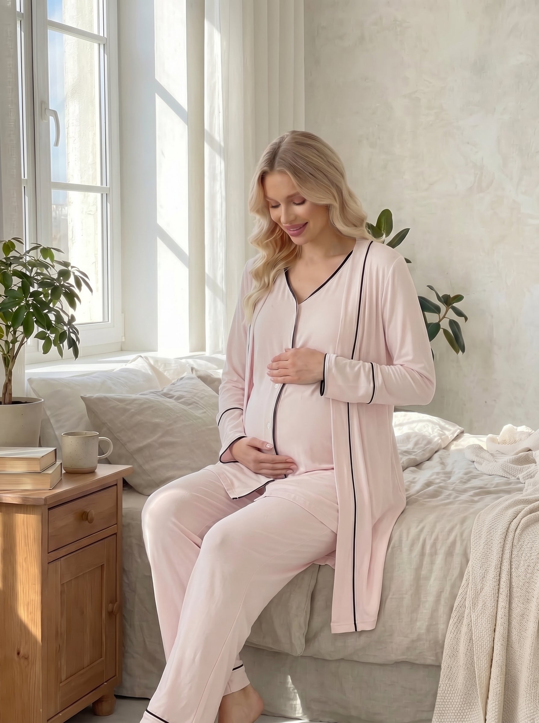 Pembe Önden Düğmeli Sabahlıklı  Lohusa Pijama Takımı-2038