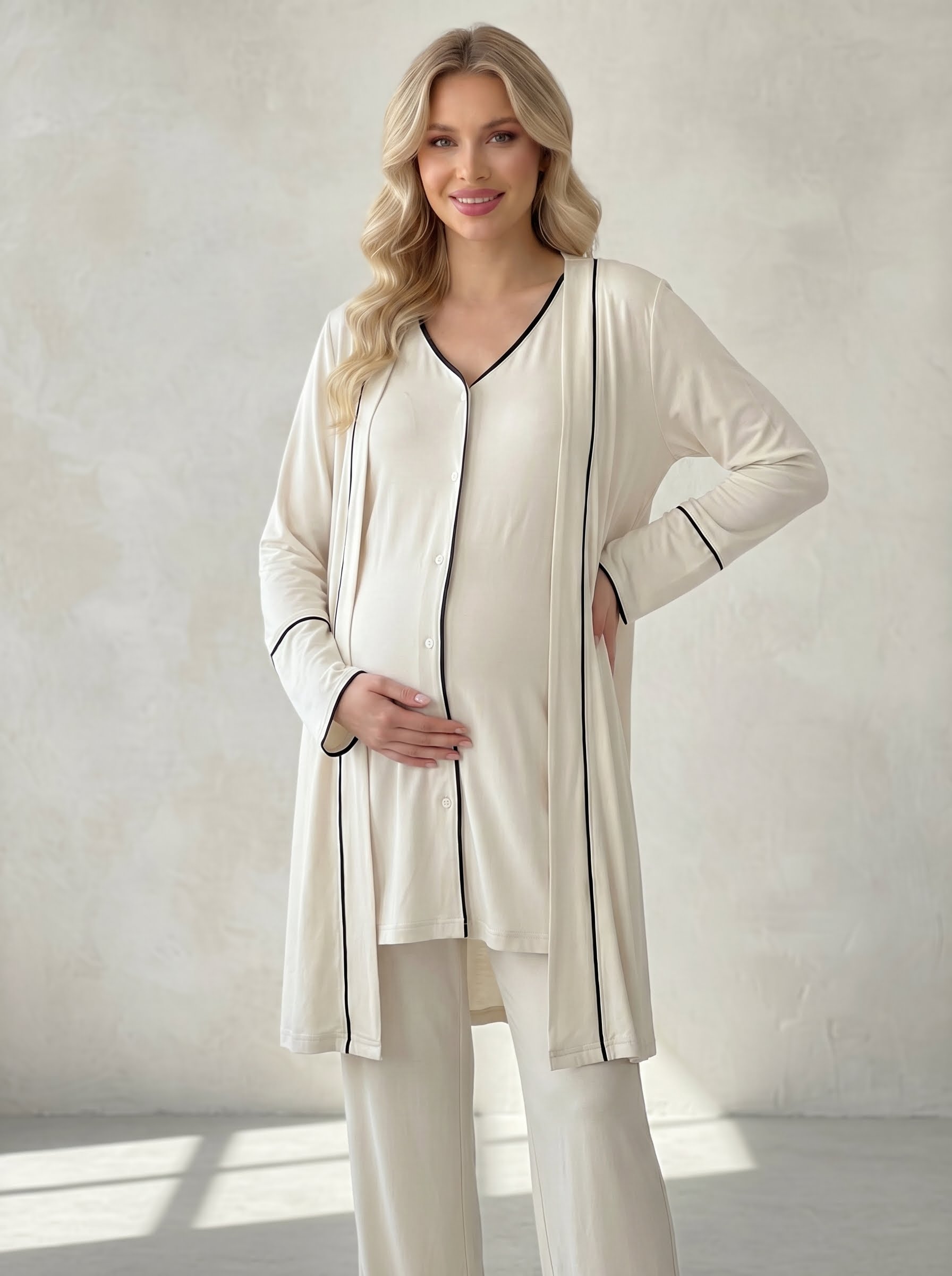 Ekru Önden Düğmeli Sabahlıklı  Lohusa Pijama Takımı-2035